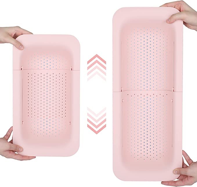 BLUE GINKGO Over the Sink Colander Strainer Basket - Extendable - New Home Kitchen Essentials (7.9 W x 14.5-19.5 L x 2.75 H) (Pink)