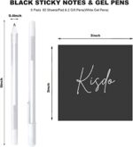 Kisdo Black Sticky Notes 3x3 Inches with 2 White Gel Pens