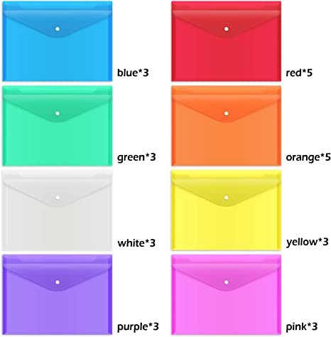 EOOUT 28pcs Plastic Envelopes, 8 Colors, A4 Size, Letter Size, for School and Office Supplies