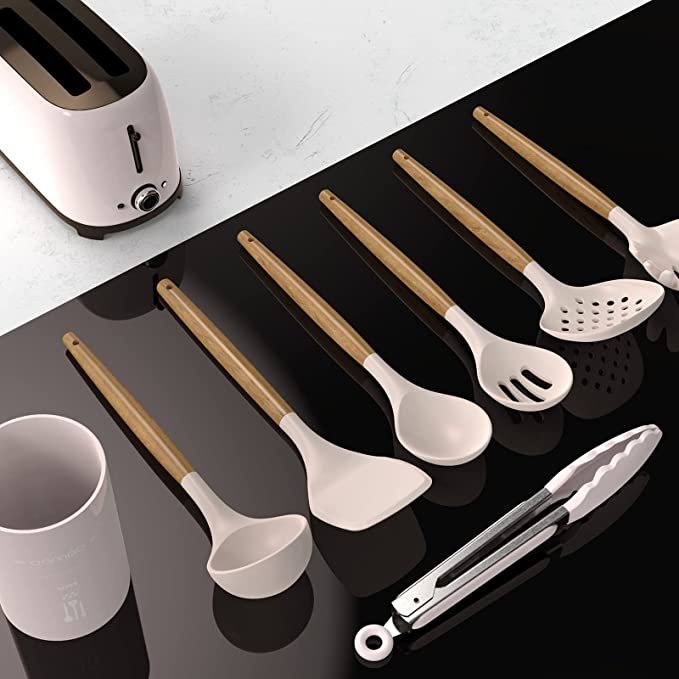 14 Pcs Silicone Cooking Utensils Kitchen Utensil Set - 446°F Heat Resistant  (BPA Free Khaki)