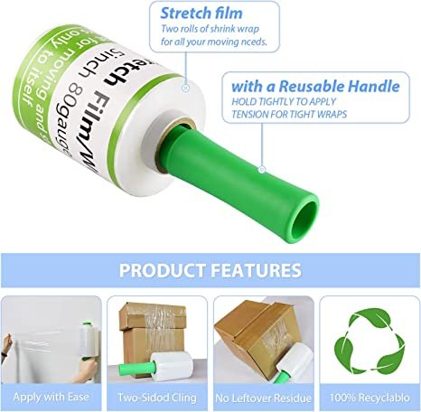 2pack 5 Inch Stretch Wrap Film with Plastic Handle, 80 Gauge Thick, 1500ft