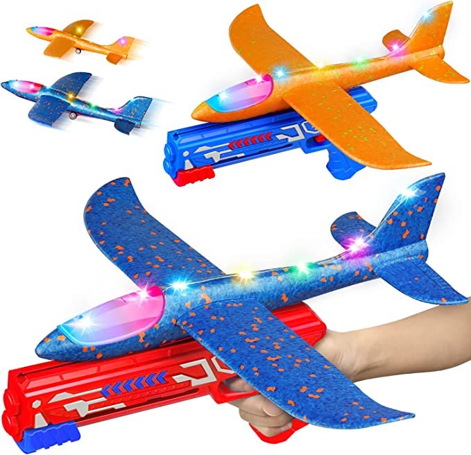 TOYFIT 2 Pack LED Light Airplane Launcher Toy Set