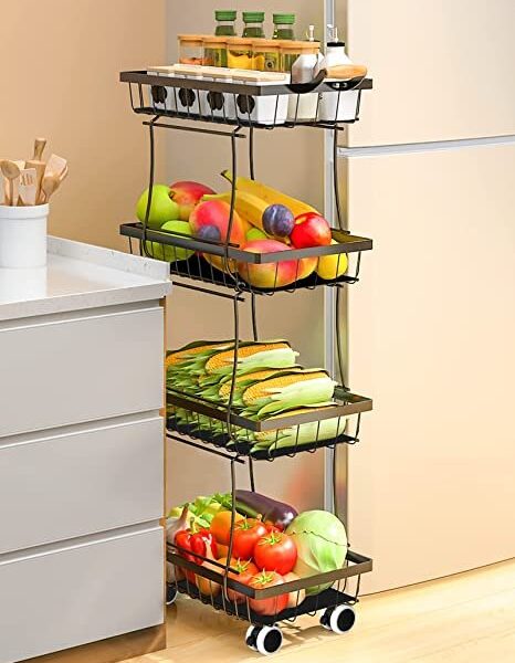 Fruit Basket for Kitchen,4 Tier Stackable Fruit and Vegetable Storage Rolling Cart