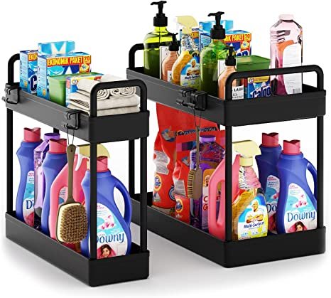 2pcs Under Sink Organizers and Storage with Hooks for Home Kitchen Bathroom