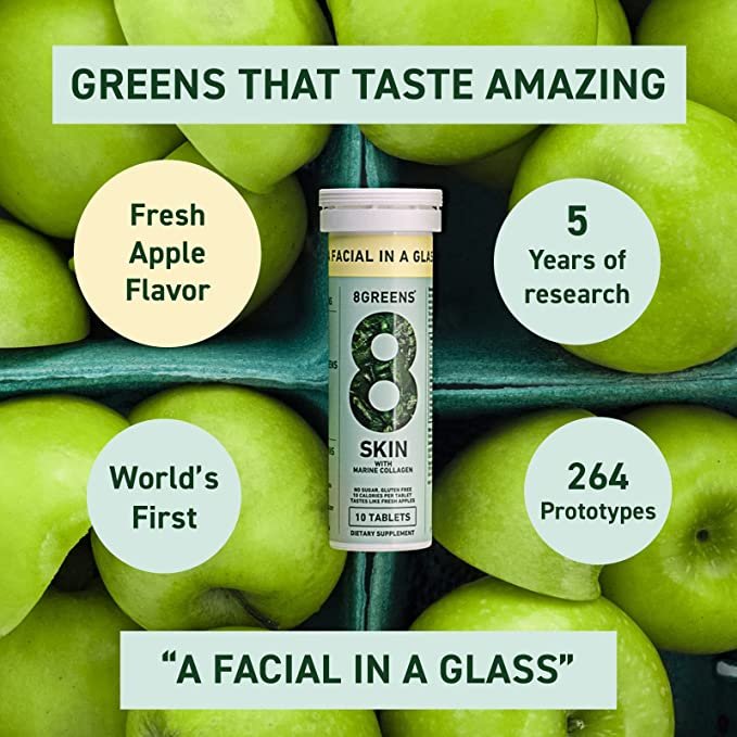 8Greens Skin + Marine Collagen for Beautiful Skin - Dietary Supplement - 8 Essential Healthy Real Greens in One (10 Tablets)