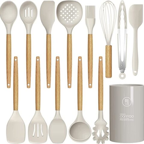 14 Pcs Silicone Cooking Utensils Kitchen Utensil Set - 446°F Heat Resistant  (BPA Free Khaki)