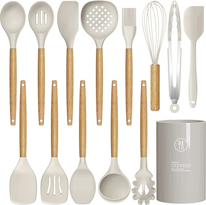 14 Pcs Silicone Cooking Utensils Kitchen Utensil Set - 446°F Heat Resistant  (BPA Free Khaki)