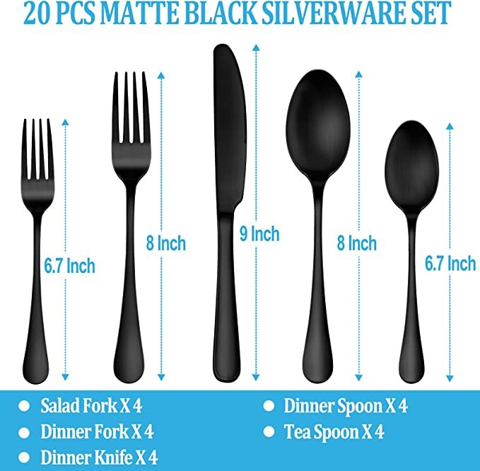 20 Piece Matte Black Silverware Set,Stainless Steel Flatware Cutlery Set Service for 4