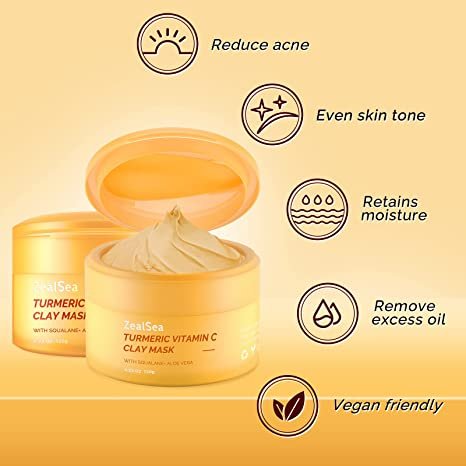 Turmeric Clay Mask for Dark Spots, Brighten and Refining Pores- Includes Mask Brush and Konjac Facial Sponges