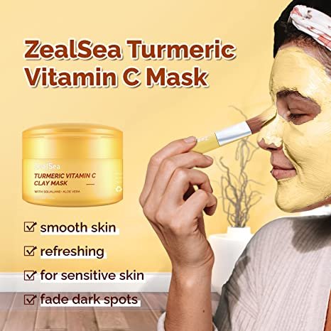Turmeric Clay Mask for Dark Spots, Brighten and Refining Pores- Includes Mask Brush and Konjac Facial Sponges