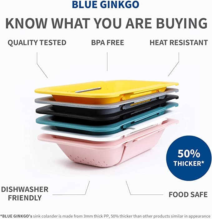 BLUE GINKGO Over the Sink Colander Strainer Basket - Extendable - New Home Kitchen Essentials (7.9 W x 14.5-19.5 L x 2.75 H) (Pink)