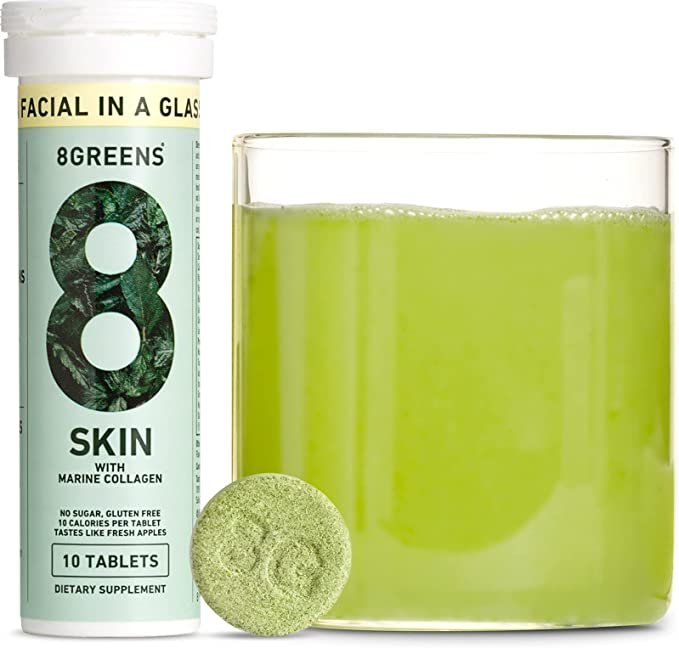 8Greens Skin + Marine Collagen for Beautiful Skin - Dietary Supplement - 8 Essential Healthy Real Greens in One (10 Tablets)