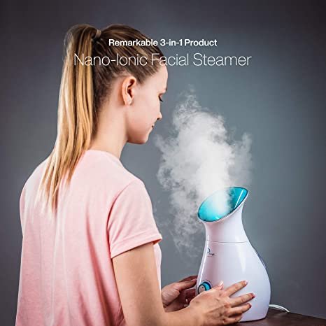 3-in-1 Large Nano Ionic Facial Steamer with Precise Temp Control - Humidifier - Unclogs Pores - Blackheads - Spa Quality - Bonus 5 Piece Stainless Steel Skin Kit