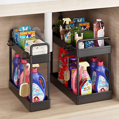 2pcs Under Sink Organizers and Storage with Hooks for Home Kitchen Bathroom