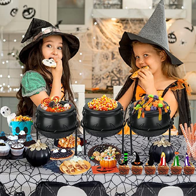 Halloween Party Decorations, Set of 3 Witches Cauldron Serving Bowls on Stand