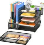 5-Tier Paper Letter Tray Organizer with Drawer and 2 Pen Holder, Marbrasse Desk Organizer with File Holder (Black)