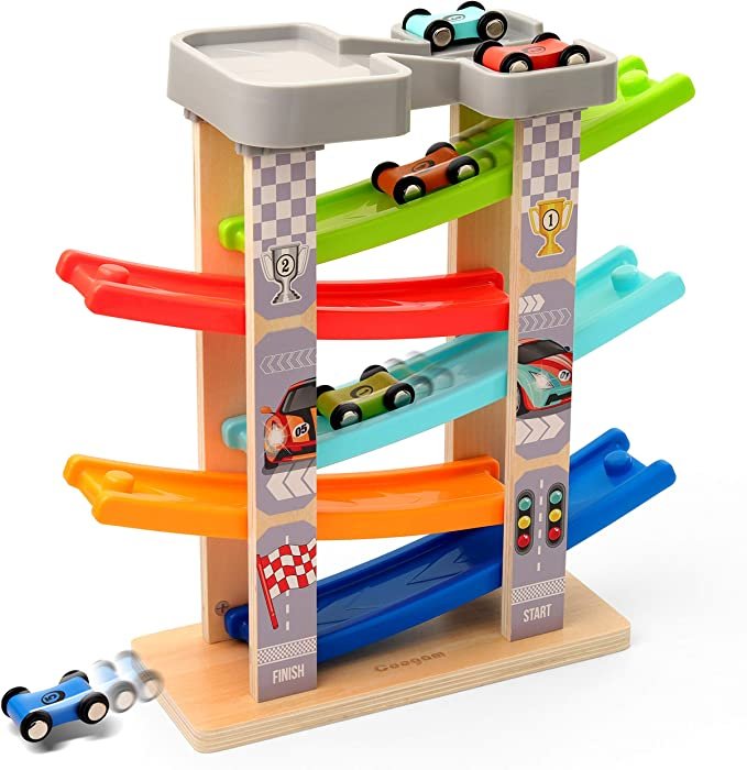 Coogam Wooden Race Track Car Ramp Toy for Toddler, Learning Toys Gift for 3 4 5 Years Old Baby Kids