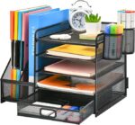 5-Tier Paper Letter Tray Organizer with Drawer and 2 Pen Holder, Marbrasse Desk Organizer with File Holder (Black)