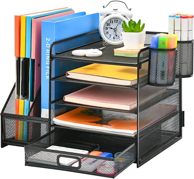 5-Tier Paper Letter Tray Organizer with Drawer and 2 Pen Holder, Marbrasse Desk Organizer with File Holder (Black)